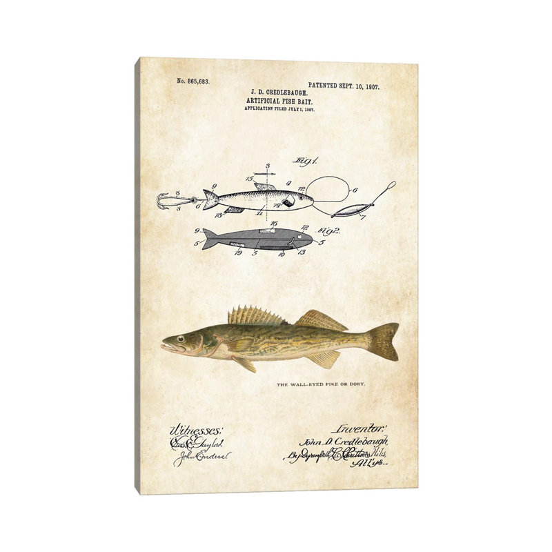 «Walleye Dory Fishing Lure» par brevet77 - impression sur toile tendue, H 12 po x l 8 po x P 0,75 po