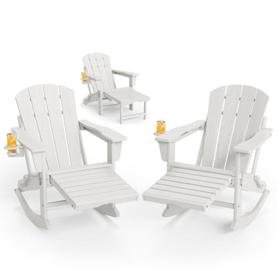 Folding Adirondack Rocking Chair Set of 2 with Ottoman, All-Weather HDPE Outdoor Rocker with Cup Holder for Patio, Deck, Garden, Fire Pit