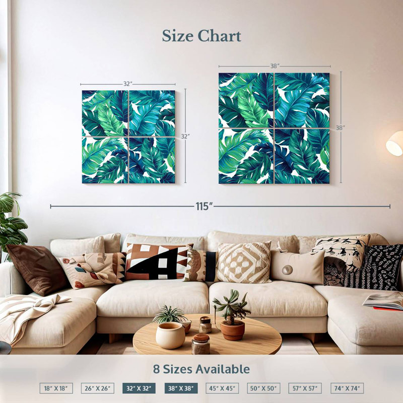 Feuilles tropicales turquoise, H 32 po x l 32 po