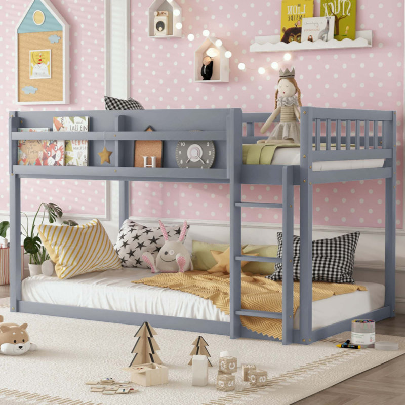 Lit superposé bas, lit superposé au sol avec échelle, lit superposé en bois massif pour enfants et adolescents, Grey