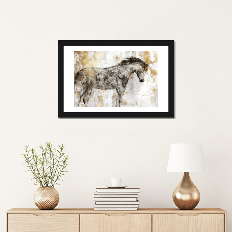«Équitation dorée I», reproduction sur toile, H 24 po x l 32 po x P 1 po, Papier d'art encadré noir, Blanc