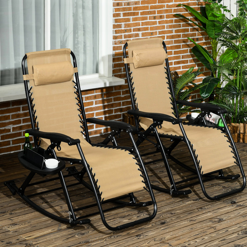 Chaises berçantes 2 pièces, fauteuil inclinable zéro gravité avec coussin, porte-gobelet et téléphone, cadre en acier beige et pliable pour un soutien indéfectible de 2 chaises d'extérieur, structure inclinable pliable, non