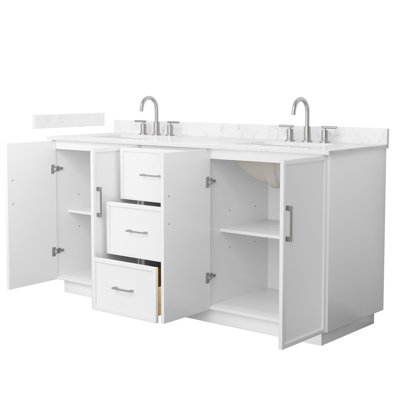 Elan 72 Inch Double Bathroom Vanity with Toe Kick in White, Carrara Cultured Marble Countertop, Undermount Square Sinks (3-Hole), Brushed Nickel Trim