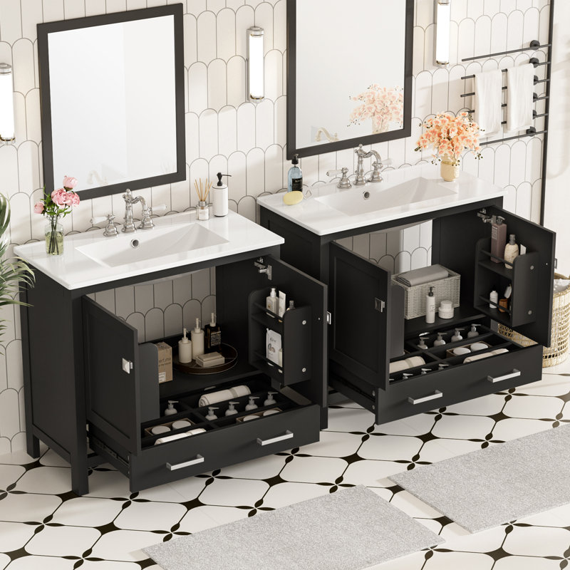 Meuble-lavabo 72 po avec lavabo en céramique, Noir