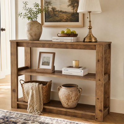 41.34" Solid Wood Console Table, Farmhouse Sofa Table with 3-Tier Open Storage
