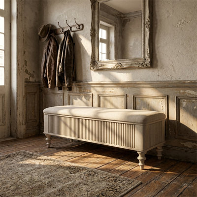 Banc de rangement multifonctionnel, bois massif avec coussin en lin, banc à chaussures, couvercle à couvercle relevable, style Mid-Century moderne, finition beige