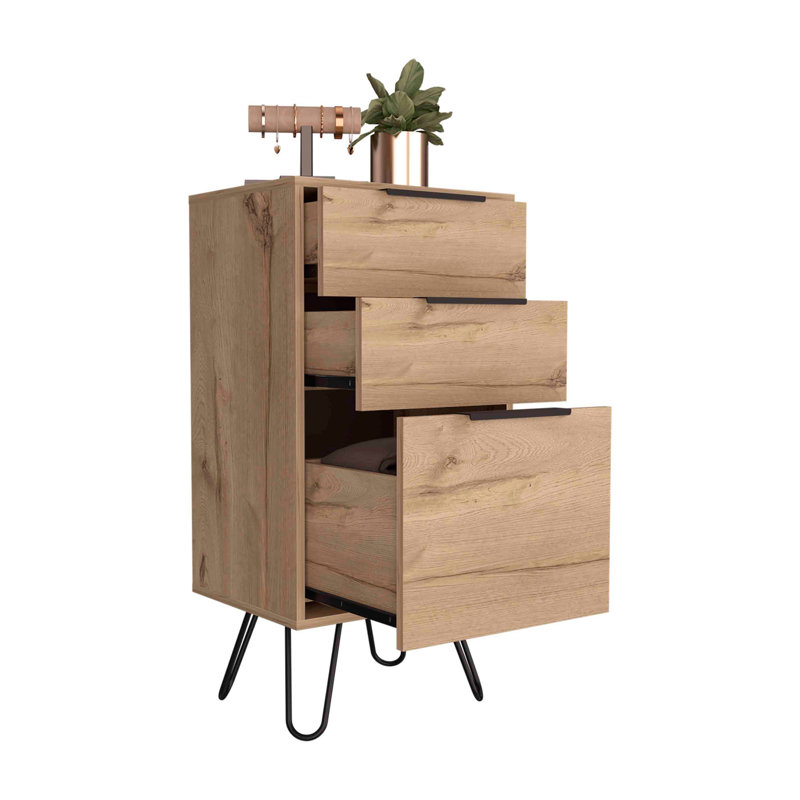 Augusta Light Dresser, Hairpin Legs, Superior Top,Three Drawers, Oak