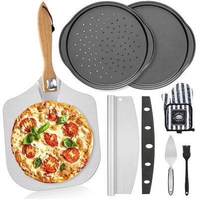 7PCS Foldable Pizza Peel Pizza Pan Set,12"" X 14"" Aluminum Metal Pizza Paddle With Wooden Handle, Rocker Cutter, Server Set, Baking Oven Mitts, Oil Bru -  GoodDogHousehold, 4X97YN08R9MM7XD