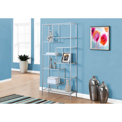 72" Bookshelf With Grey Metal And Clear Tempered Glass, For Living Space Bookcase Metal, Glass Bedroom Style