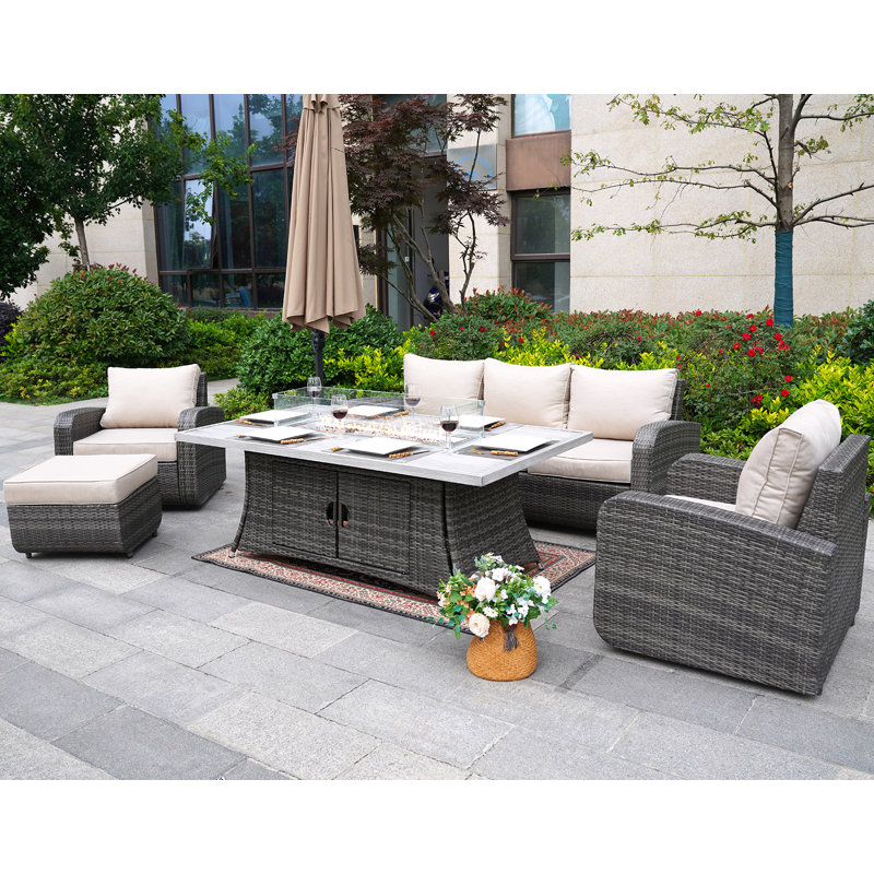 Wicker 6 - Person Patio Conversation Set with Cushions, Gray