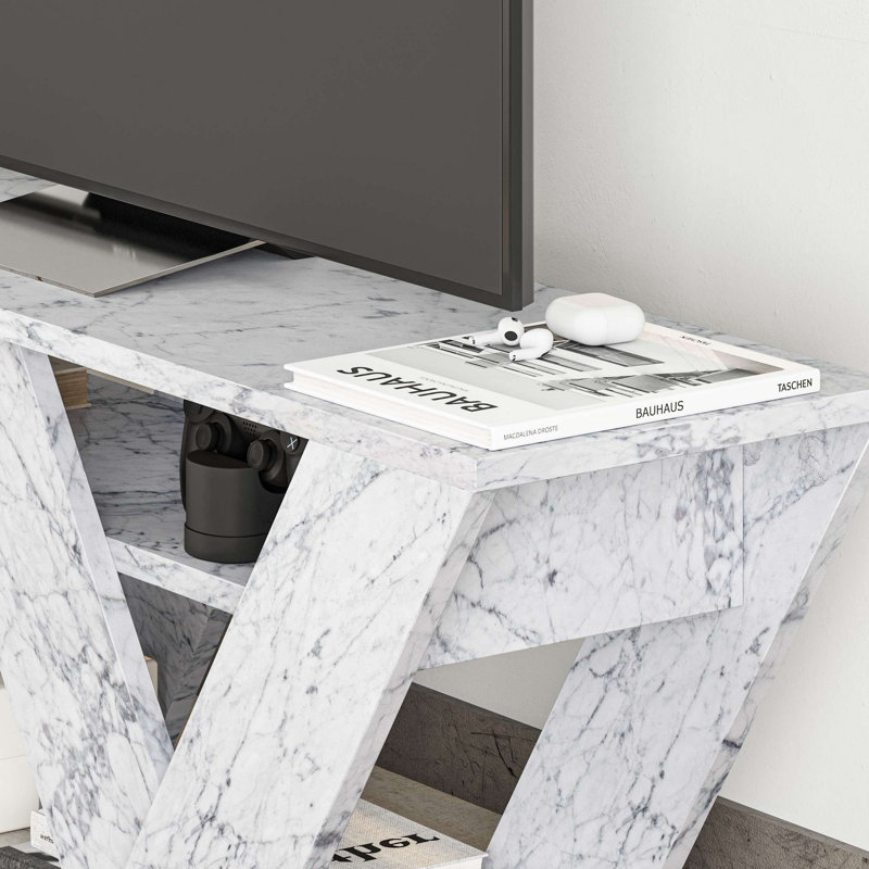 Modern TV Stand with Multiple Shelves, Carrara Marble Finish, 43.3 x 15.7 x 15.7 inches | 100% Melamine Coated Particle Board, Thickness: 0.7 inches | Wall-Mountable Design, Perfect for Contemporary Living Rooms