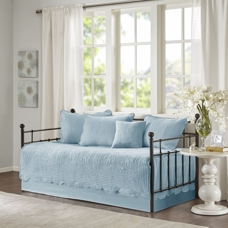 Blue Microfiber Reversible Scalloped Edge Daybed Cover Set