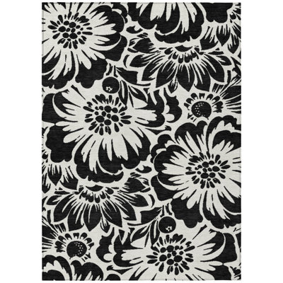 3' X 5' Black and Ivory Floral Washable Non Skid Indoor Outdoor Area Rug