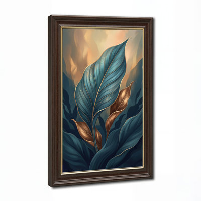 Teal and Copper Leaves with Gold Veins and Warm Background Canvas Wall Art