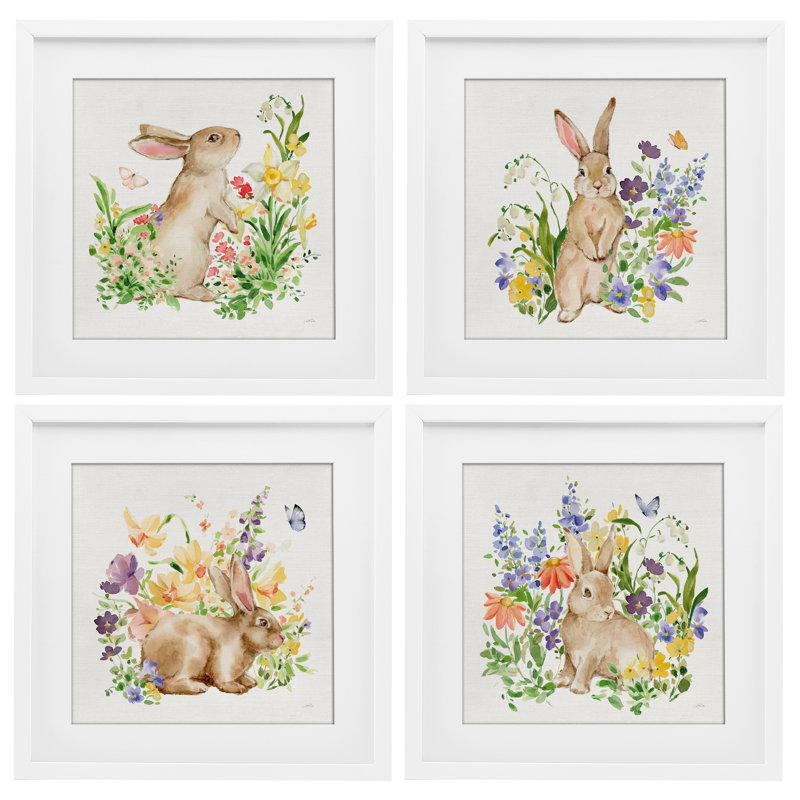«Celebrate Spring Floral Bunnies», ensemble de 4 impressions encadrées sous verre, design par Katrina Pete, H 16 po x l 16 po