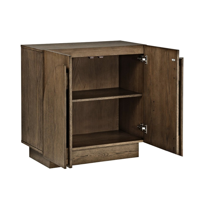 Mid-Century moderne, buffet, brun, cuisine, armoire de rangement en bois, conception à bords arrondis, finition chêne, buffet brun moderne à assemblage rapide, salon avec portes arquées et simple
