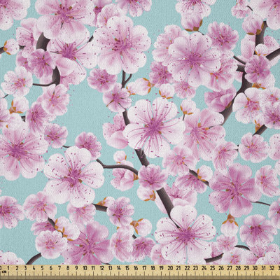 Tissu de cerisier en fleurs Ambesonne par The Yard, fleurs de Kwanzan fleuries et bourgeons sur fond de ciel clair, tissu en microfibre pour textiles et décors artisanaux, 3 verges, rose rose et bleu pâle