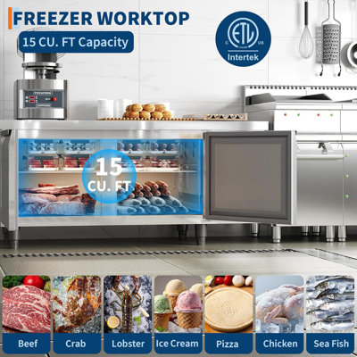 60" Commercial Freezer Undercounter with Prep Table, 15 Cu. Ft Stainless Steel Freezing Food Prep Station with 2 Doors, Frost Free Refrigerator for Restaurant, Bar, Store