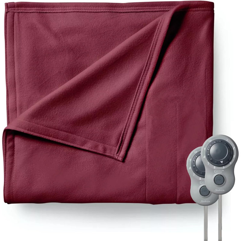 Sunbeam Queen Size Electric Fleece Heated Blanket In Garnet With Dual Zone Control – Ultra-soft, Adjustable Heat, Machine Washable