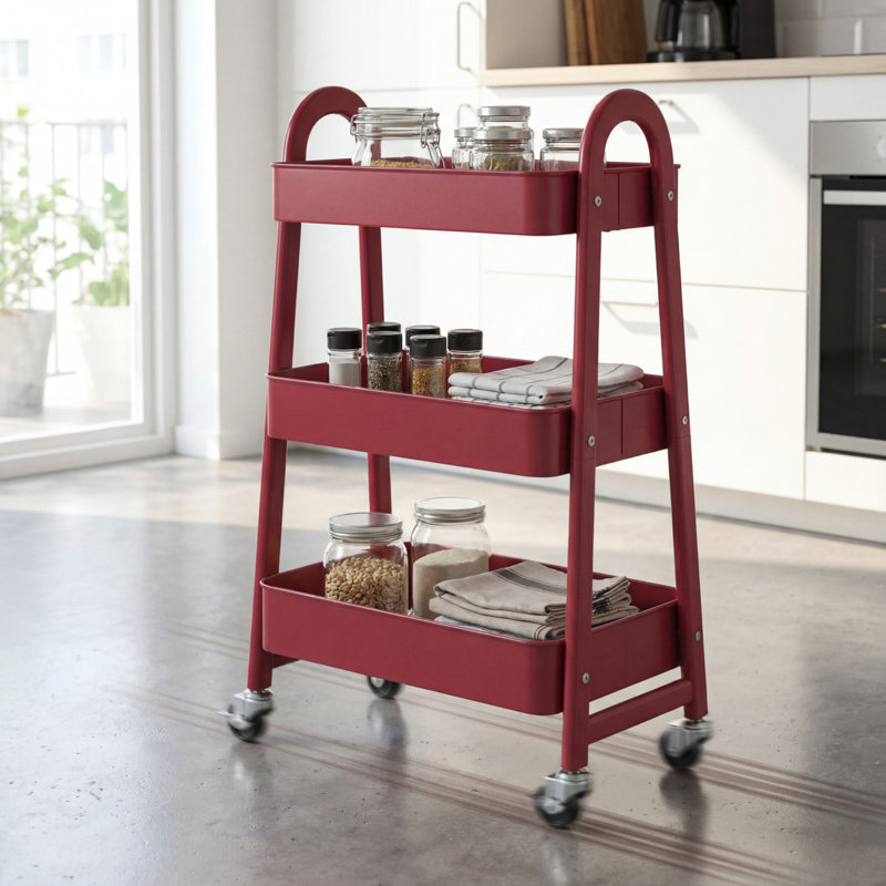 3-Tier Rolling Utility Cart with Locking Wheels, Metal Storage Organizer, Red