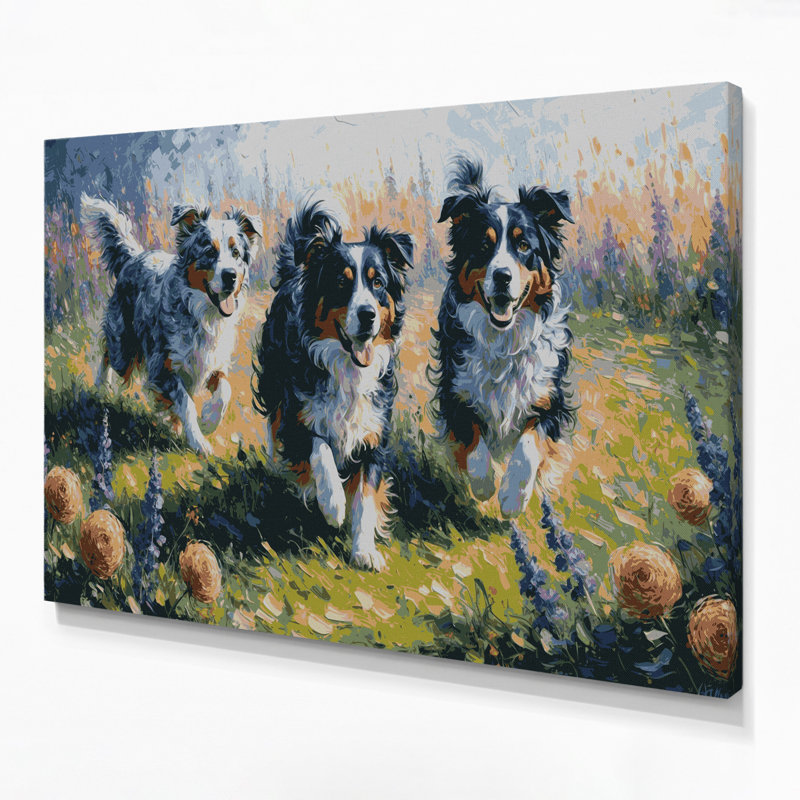 Chiens, berger australien, art mural sur toile beige, H 20 po x l 30 po