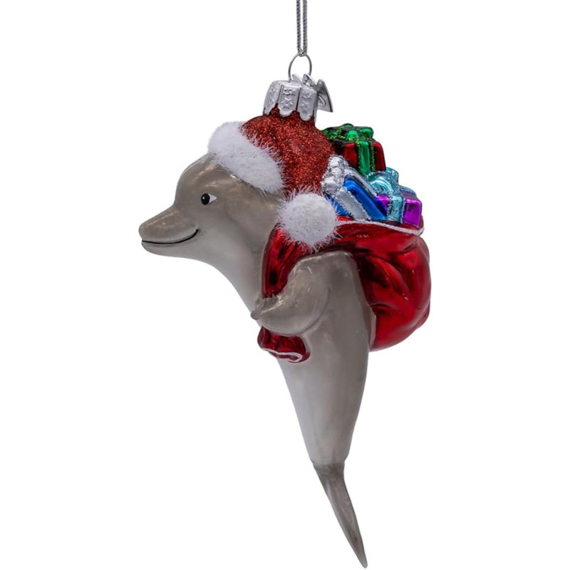 Kurt Adler Noble Gems Glass Christmas Ornament, Dolphin with Santa Hat and Gifts