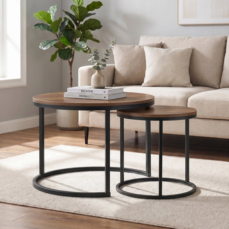 Hadee Round Nesting Coffee Table, Walnut, Black