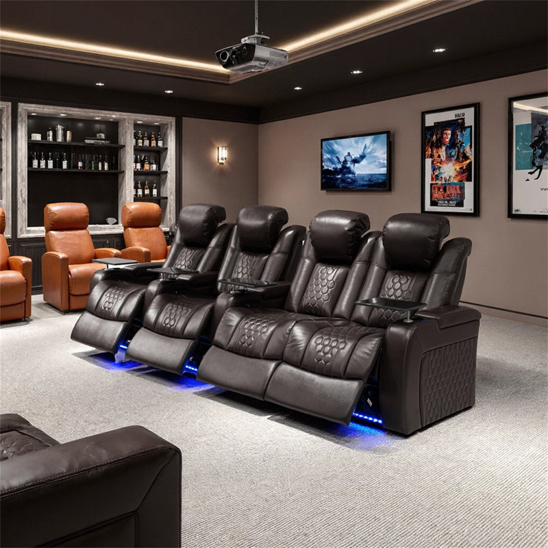 124.4"Power Recliner 4 PC Made Withtop-Grain Nappa,Fully Adjustable Relaxation,Smart Charging,Dynamic RGB LED Lighting,COFFEE