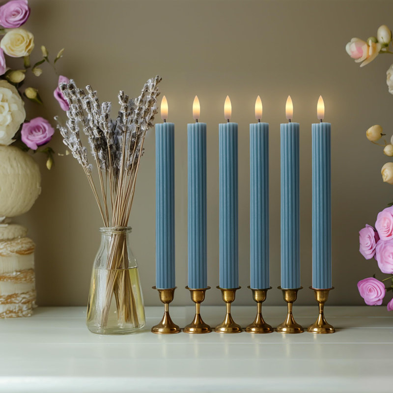 Fluted Ribbed Grooved LED Flameless Taper Candles, Remote, On/Off Button, Battery Operated, 12 Pack, Blue