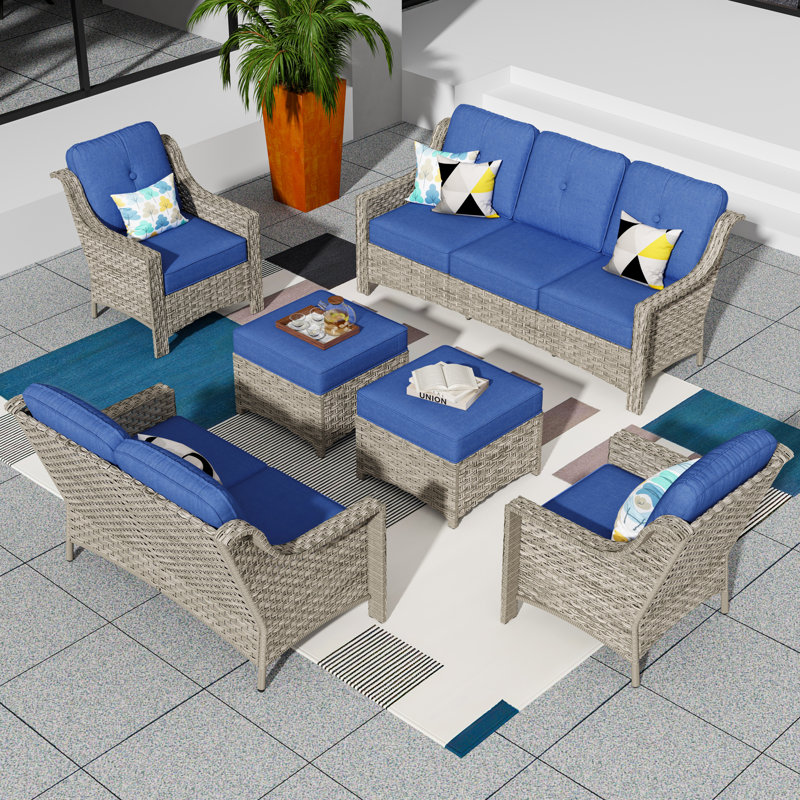 7 - Person Wicker Outdoor Conversation Set, Patio Sofa Set with Cushions, Navy
