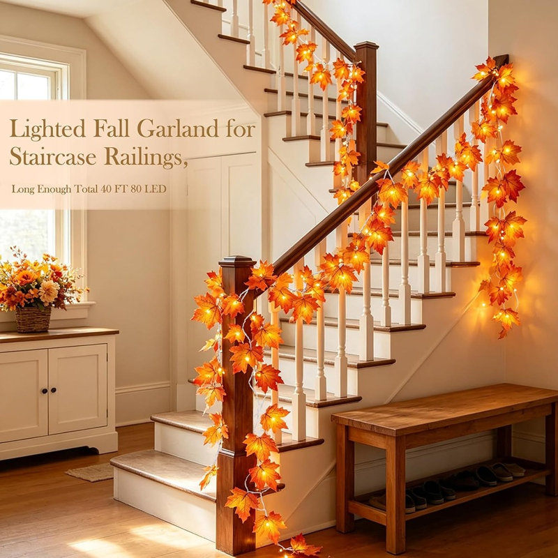 Guirlande 4 pièces feuilles d'érable avec lumières - 80 décorations d'automne à piles pour Halloween, l'Action de grâce, la maison et l'extérieur