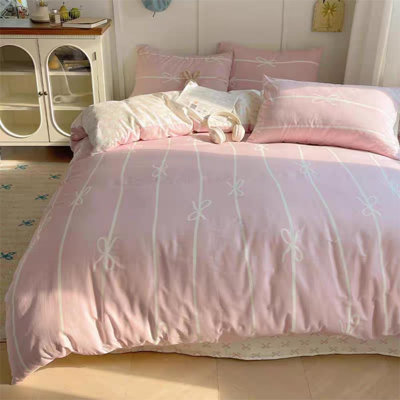Striped Duvet Cover Pink White Bow Stripes Bedding Set 3pcs Bowknot Comforter Cover With Zipper Closure Corner Ties