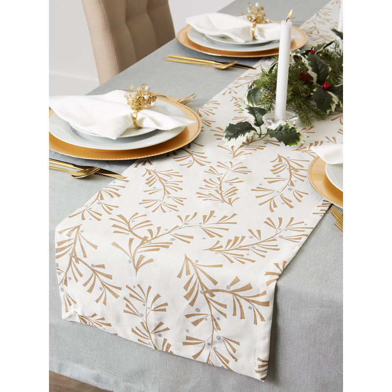 Mcmann 100% Cotton Christmas Table Runner, 72" L x 14" W, Metallic Holly Leaves