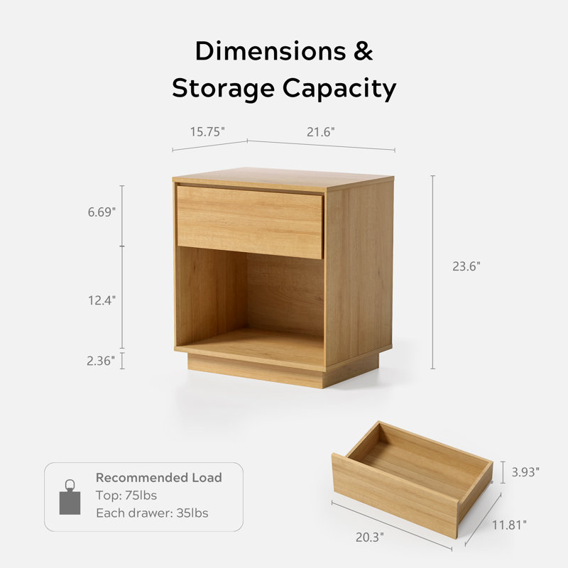 Nightstand, Wood End Side Table With Storage And Open Shelf, Individual, Natural Oak