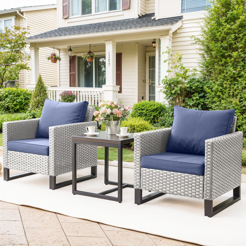 Naresa 3-Piece Wicker Patio Chair Set With Side Table  All-Weather PE Rattan, UV-Resistant Cushions, Light Gray, Blue