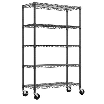 5 - Shelf Adjustable Metal Shelving With Rotatable Wheels For Home Office, Pantry And Kitchen, Black, 17.7" D X 47.2" W 75.6" H, Flexible Storage Wire Rack Garage Balcony Storage, Quick Assembly