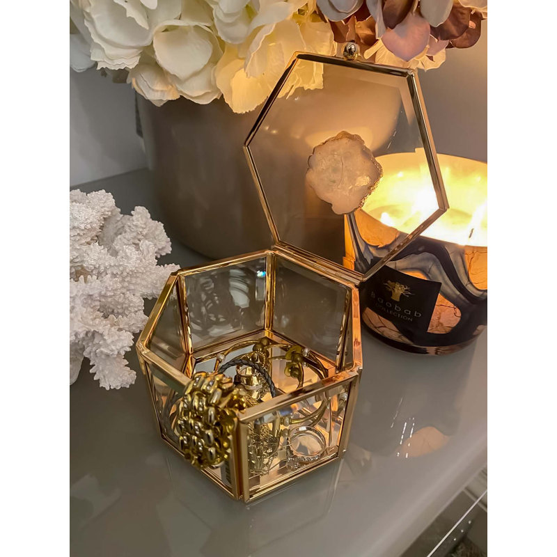 Hexagonal Mirrored All-Natural Agate Stone Glass Jewellery Box