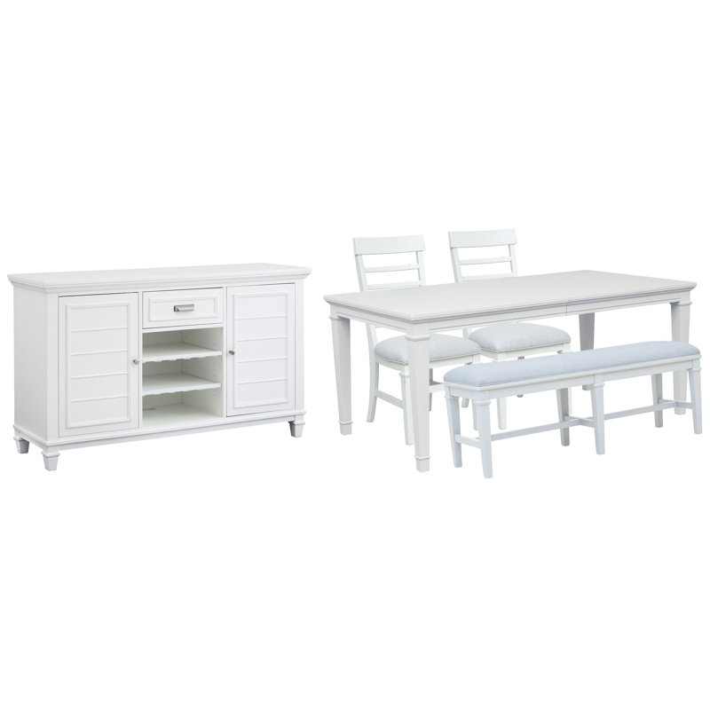 Table de salle à manger rectangulaire blanche extensible avec 2 chaises et banc, 5 pièces: table, 2 chaises, desserte, banc