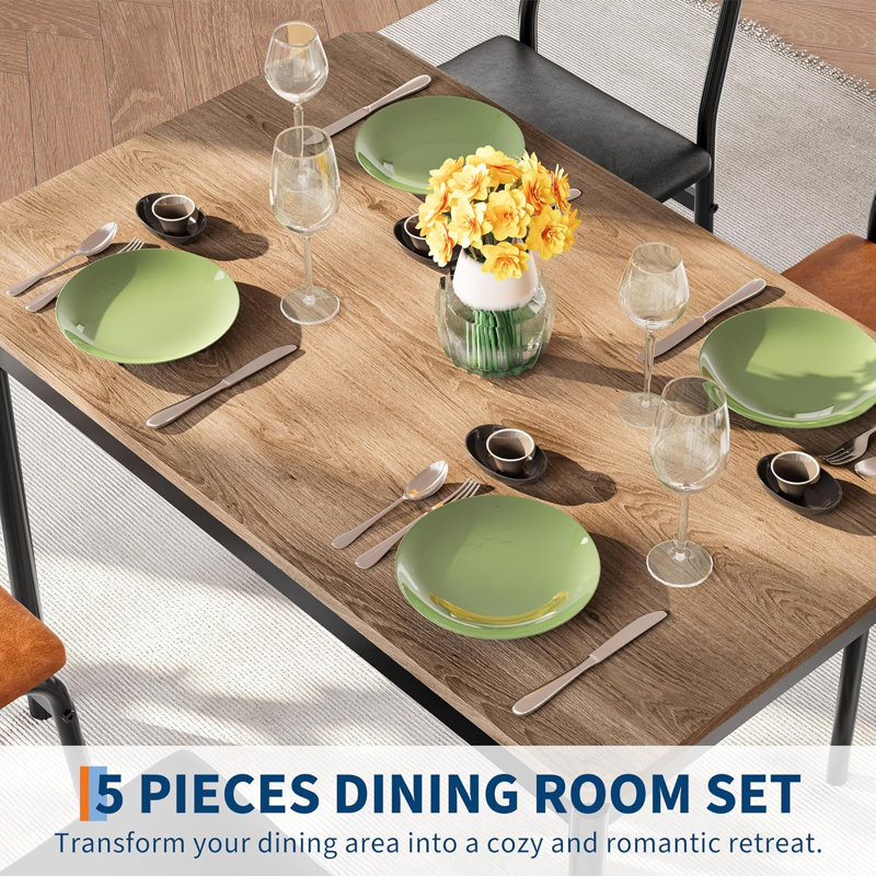 5 Piece Dining Table Set for 4/ Kitchen Table with 4 PU Upholstered Chair/ Industrial Metal Frame Dinette Set for Dining Room Kitchen Brown and Black