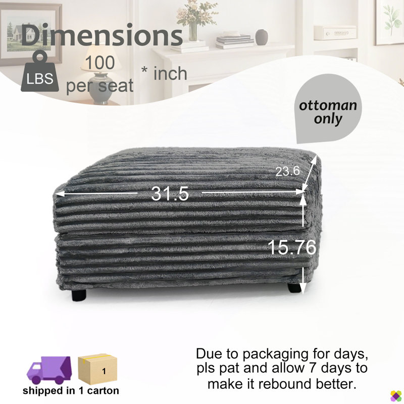 Gus 31.5"W Corduroy Ottoman, Gray