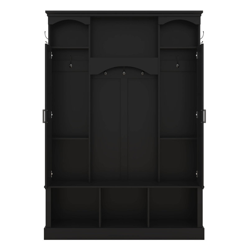 Hall Tree With Adjustable Shelves, Classic Arched Storage Bench With Dual Side Cabinets, 7 Hooks, Black