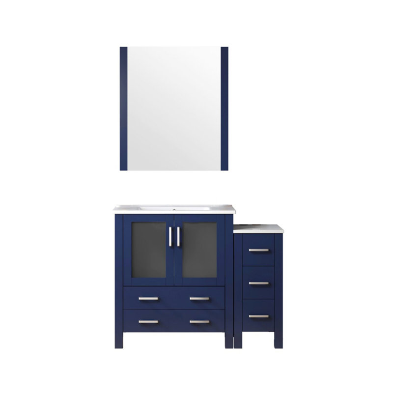 42 po Meuble-lavabo bleu marine avec armoire latérale, surface en céramique blanche, miroir aligné à 28 po, mécanisme de tiroir à fermeture en douceur, et grand espace de rangement dans le comptoir de salle de bain large, comptoir de teinture nécessaire