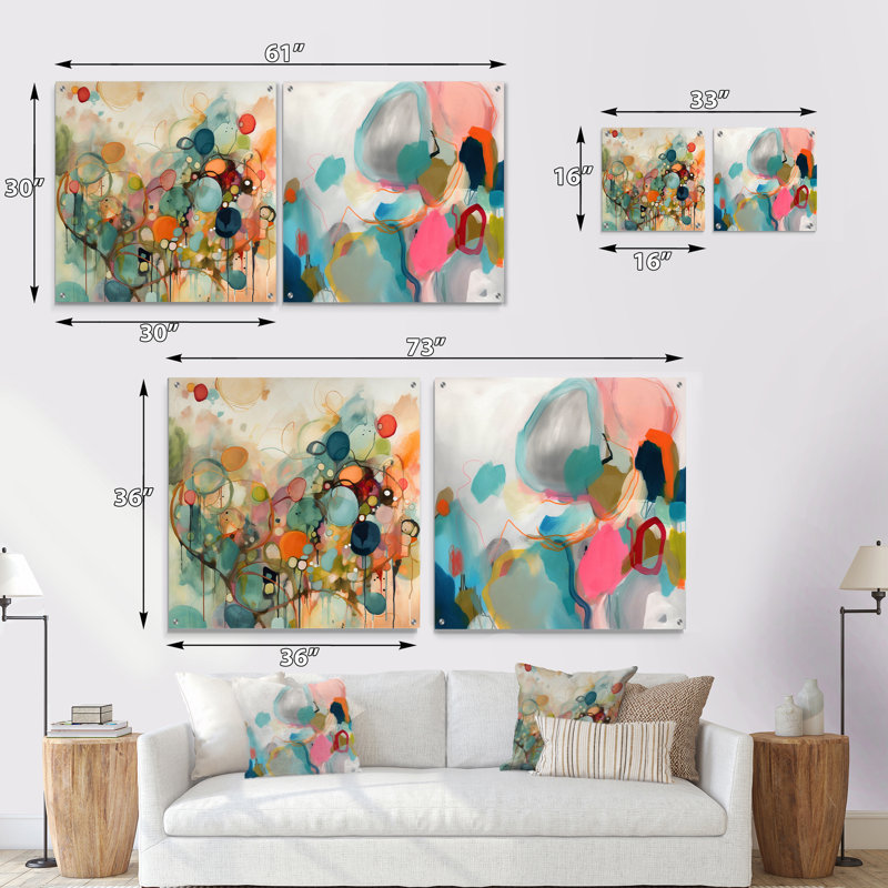 «Pink Blue Minimalims Fludity I», ensemble de 2 verres muraux abstraits en acrylique, H 16 po x l 33 po
