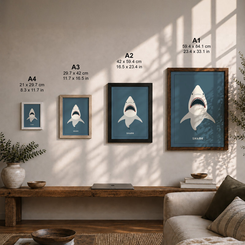 Shark Minimalist - Framed Print, A4 - 29.7 x 21.0 cm, White