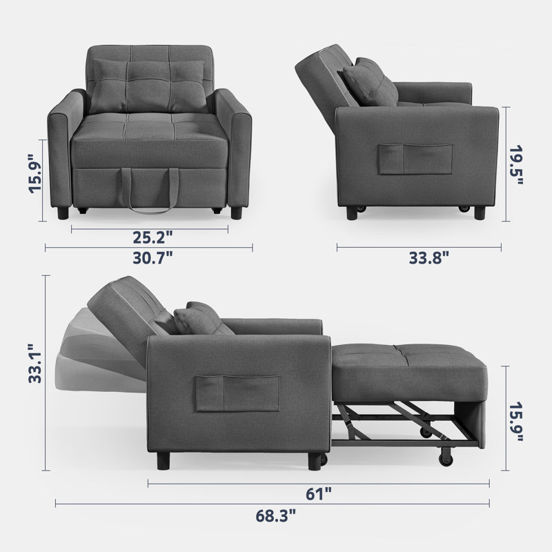 3-in-1 Convertible Accent Chair , Pull-Out Upholstered Sleeper Sofa Bed with Accent Pillow, Dark Gray Linen