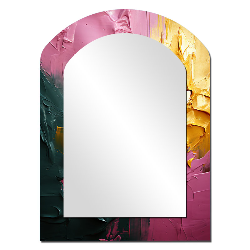 Rejoicing In Love Pink And Gold Abstract PaintingI - Abstract Painting Arch Decorative Wall Mirror, Modern Asymmetrical Mirror, Printed Metal Art