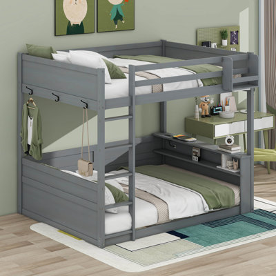 Queen Size Wooden Bunk Bed With Built-In Shelves,Storage Box, LED Light And USB Charging Station