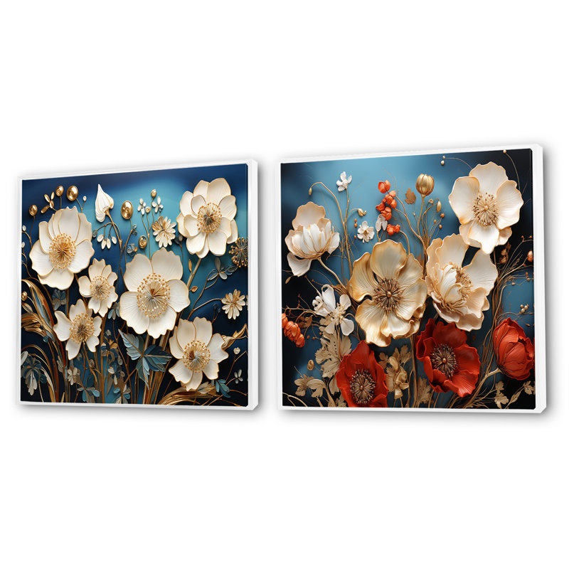 Souvenirs de coquelicots Souvenirs de fleurs - Ensemble de 2 collages floraux carrés, Cadre flottant blanc, H 36 po x l 73 po