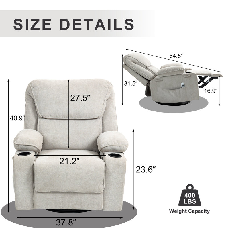 Modern Swivel and Rocking Recliner with Heating and Massage (Light Gray), Light Gray, Fabric