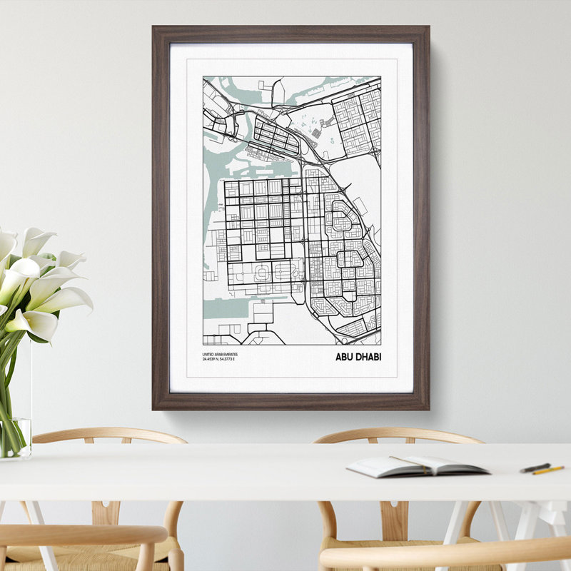 Map Abu Dhabi UAE - Picture Frame Graphic Art, Walnut Framed, 90cm H x 65cm W x 2cm D